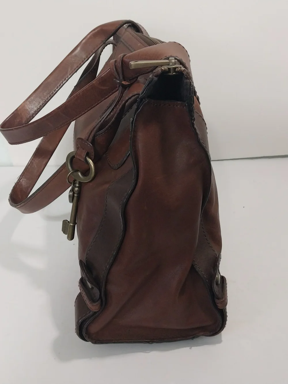 Fossil Brown Leather Unisex Satchel With Key Charm